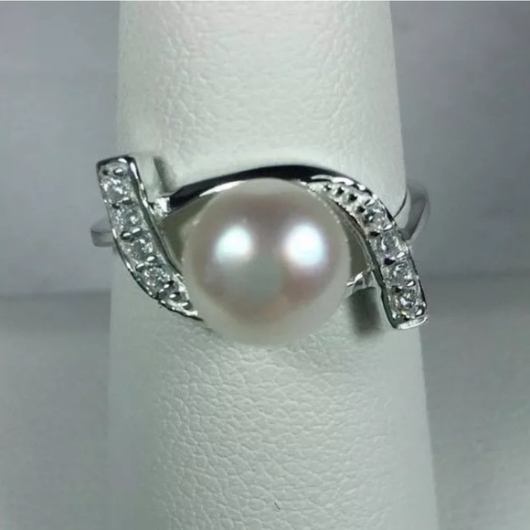 Sterling Silver Pearl Ocean Wave Clear Stones Ring - Picture 2 of 2